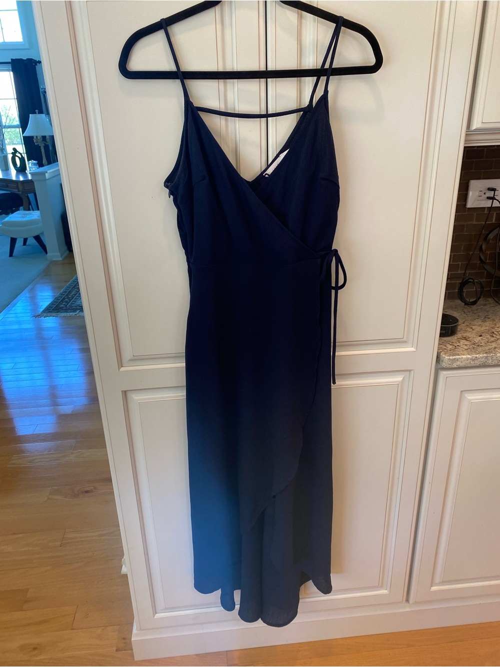 Lush Navy Wrap Midi Dress with Spaghetti Straps
